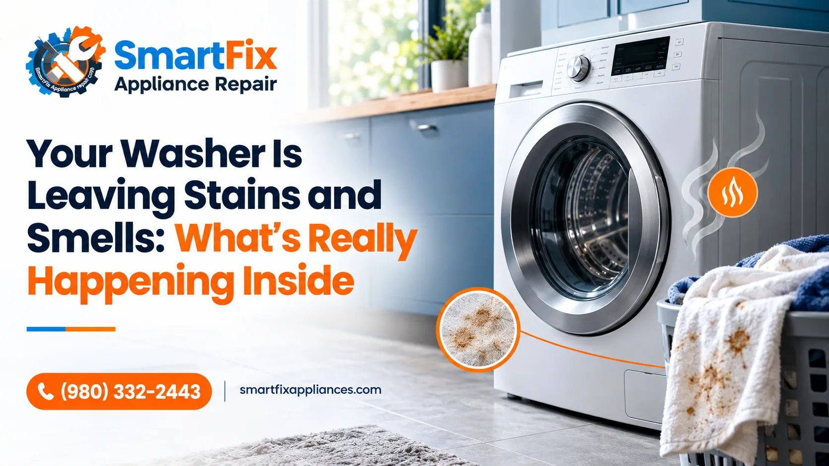 White front-load washer with stained towels in a laundry basket and odor icon