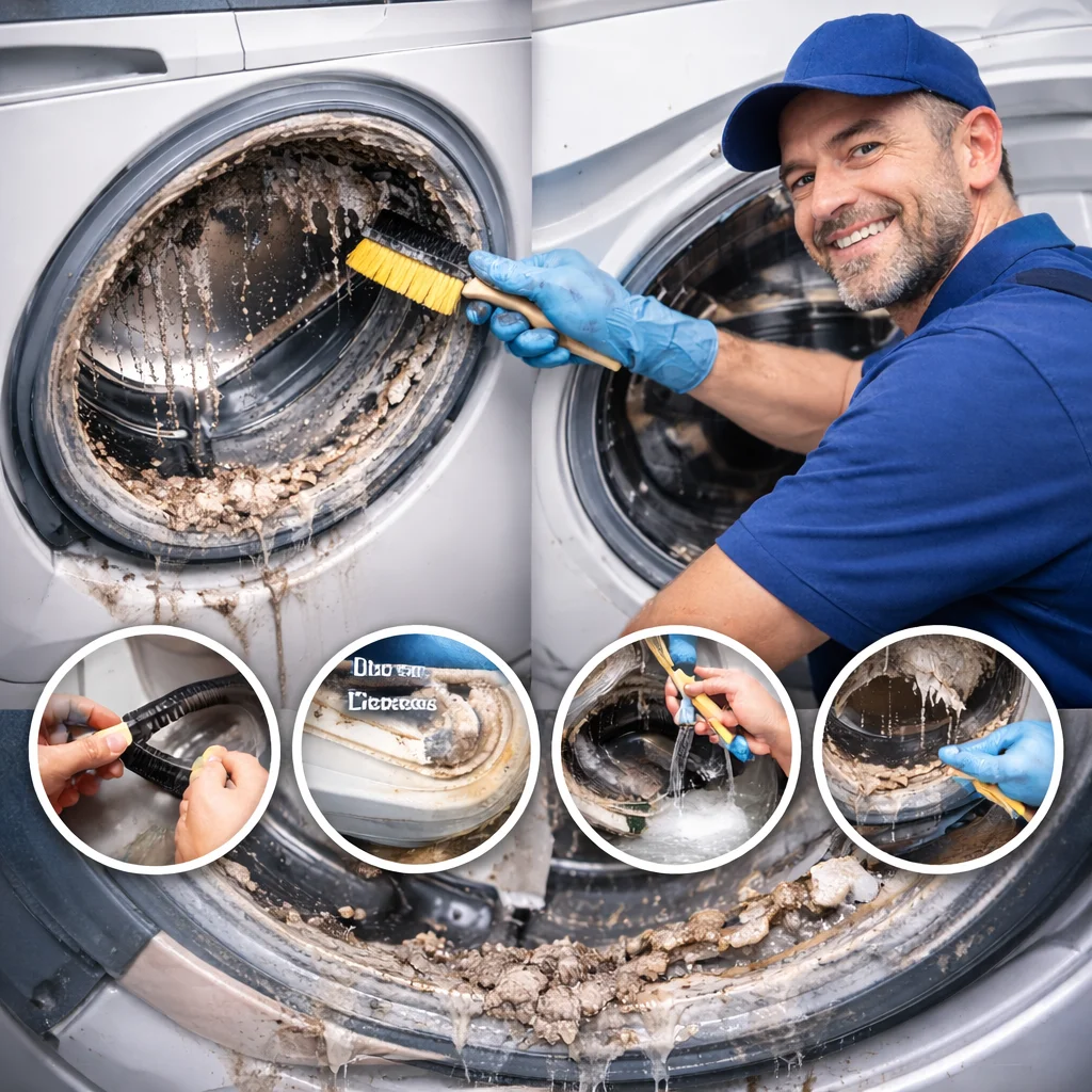 Washing machine maintenance service technician cleaning drum and checking hoses