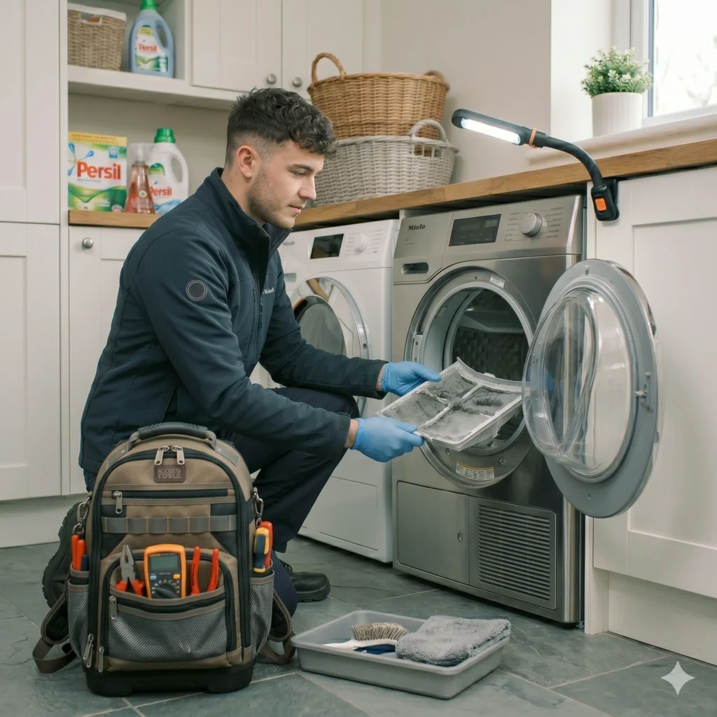 Dryer maintenance technician removing lint and checking airflow system