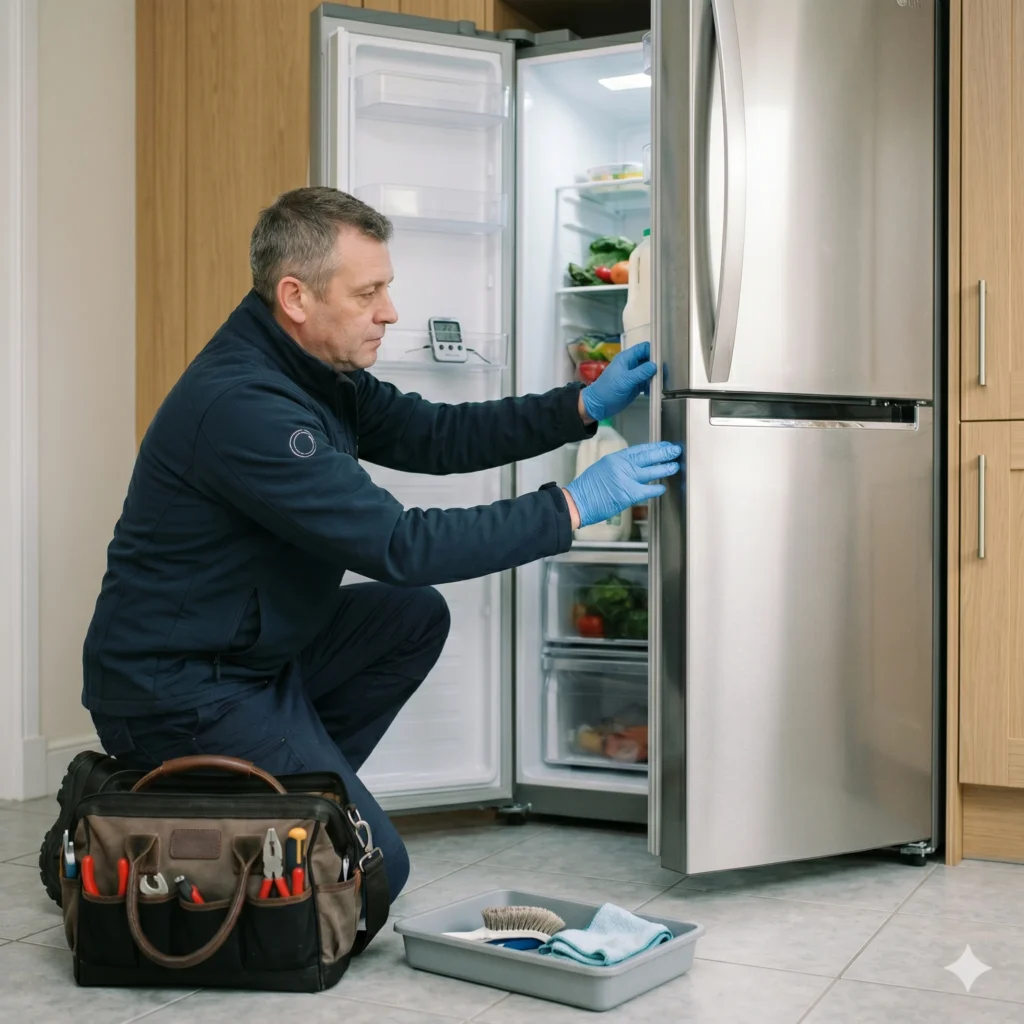 Refrigerator maintenance technician cleaning condenser and checking cooling system