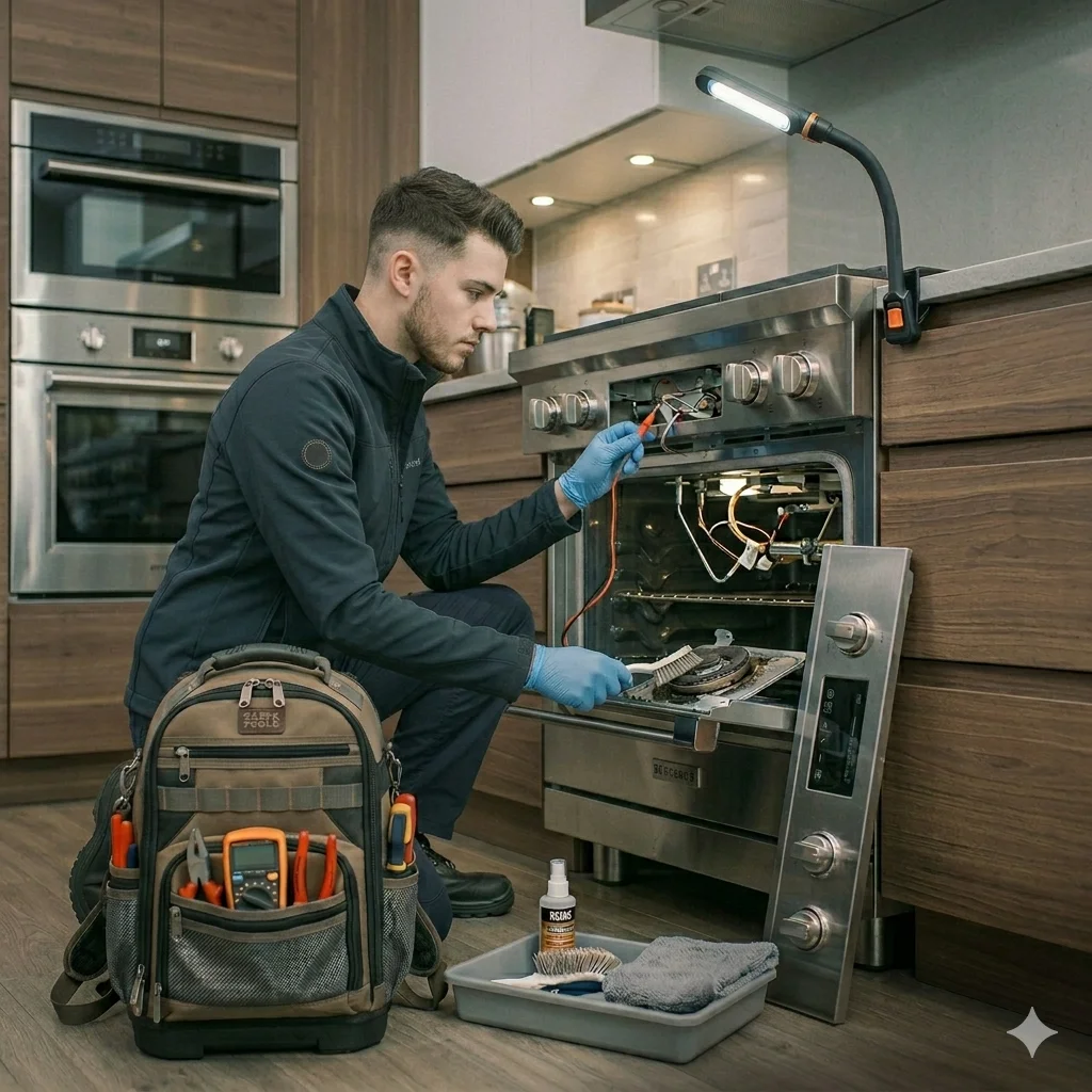 Oven and stove maintenance technician inspecting burners and cleaning interior