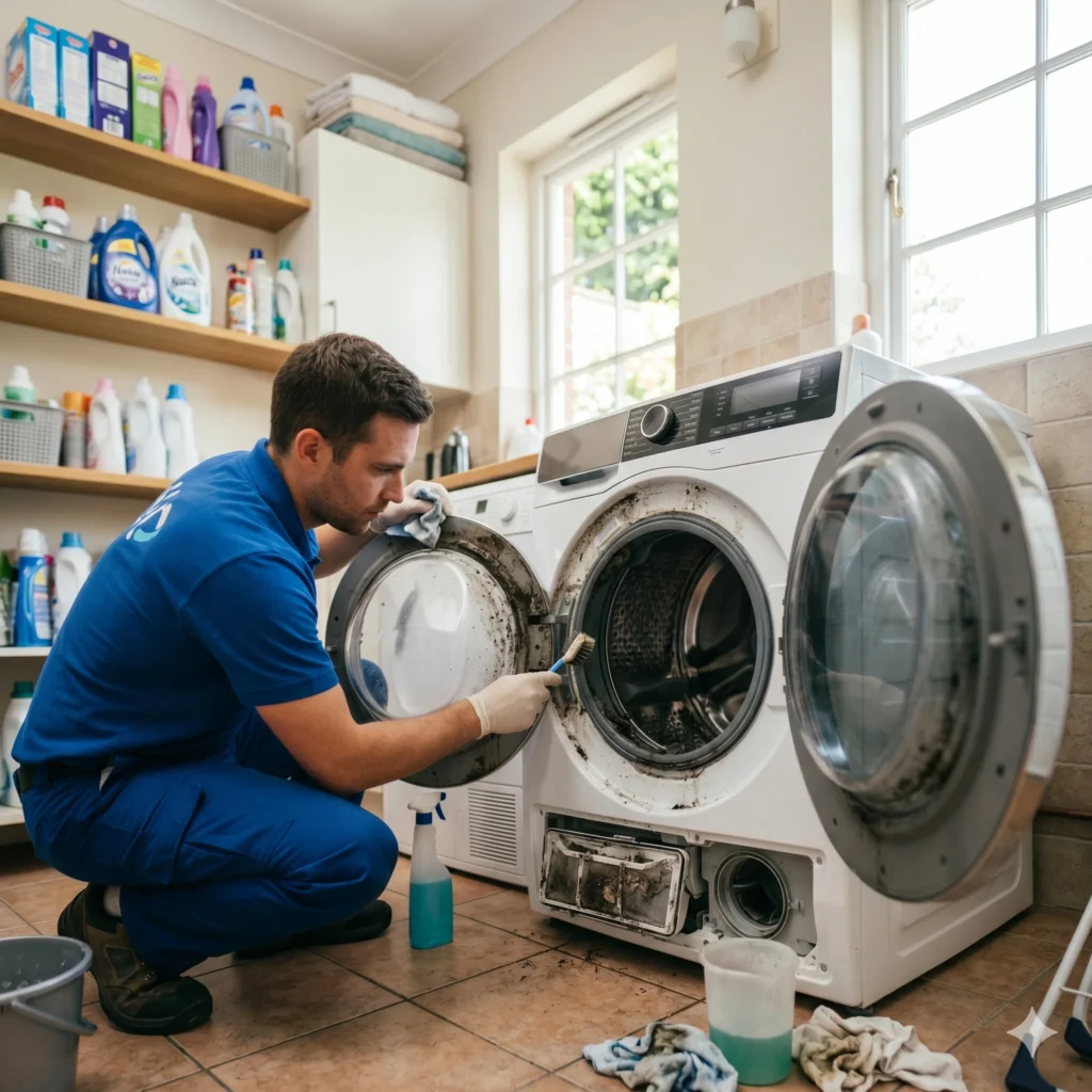 Home appliance maintenance service technician inspecting washer refrigerator and cleaning buildup