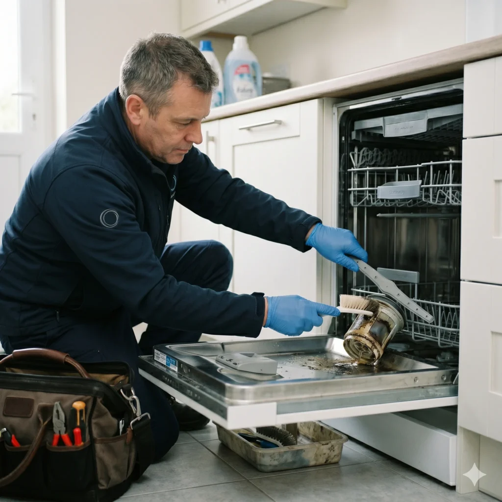 Dishwasher maintenance service cleaning filter and checking spray arms