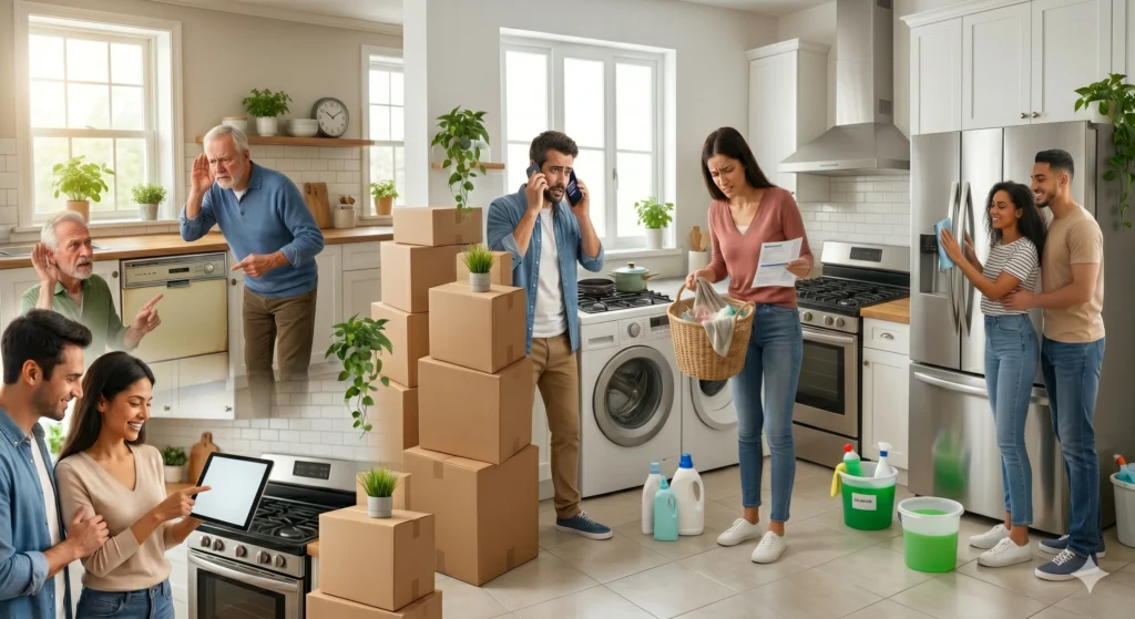 Homeowner using appliance maintenance service for washer refrigerator and kitchen equipment care