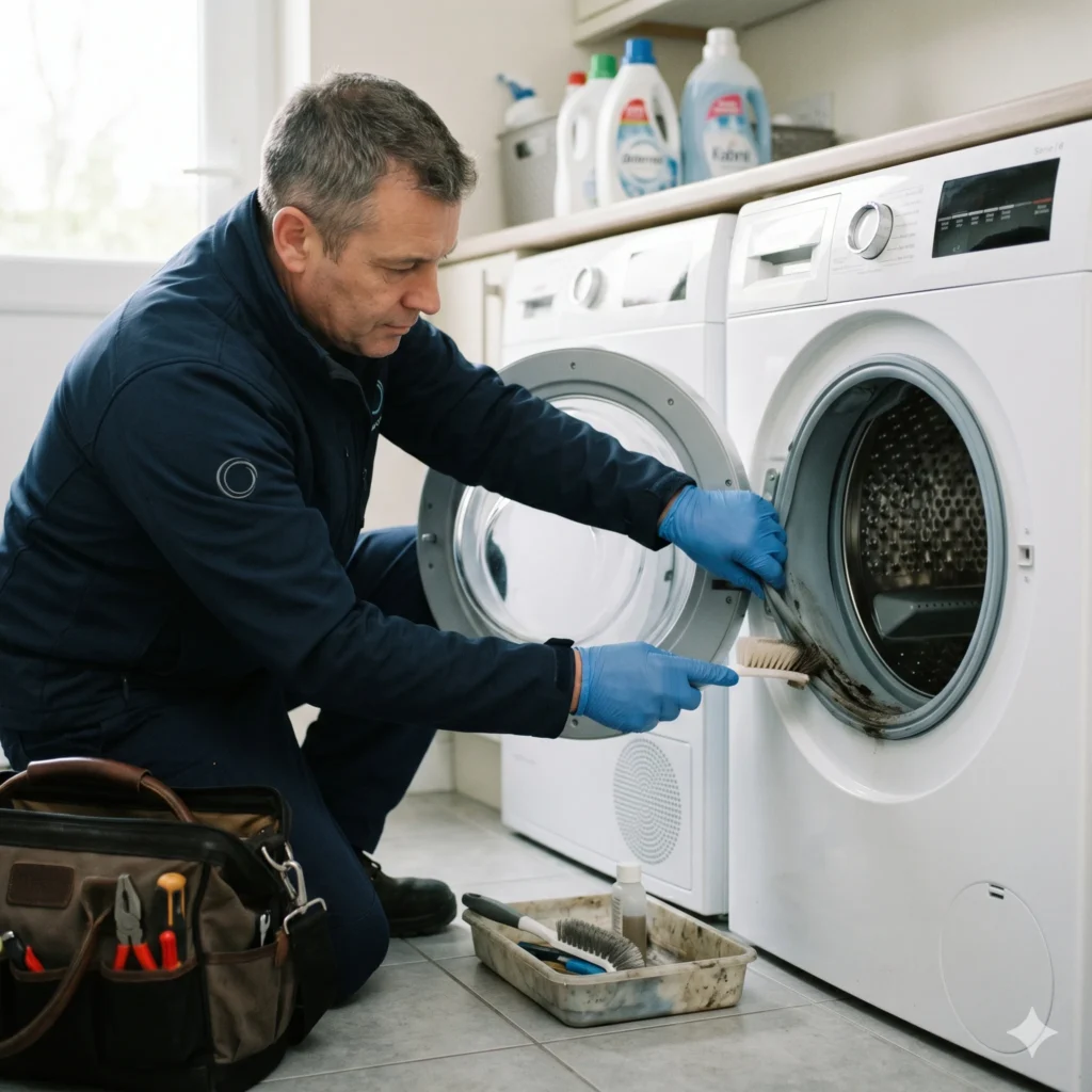 Professional appliance maintenance technician performing deep inspection and cleaning of home appliances