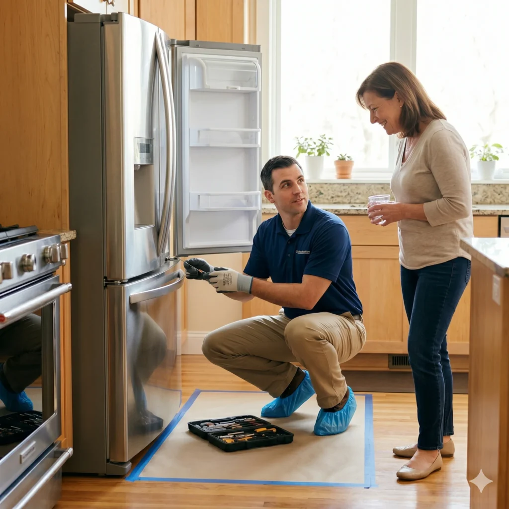 Appliance repair technician providing professional in-home service with tools and equipment